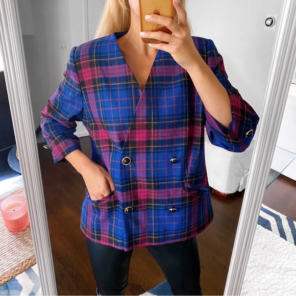 💙 CLASSY BLUE PINK MULTI PLAID BLAZER JACKET! - Picture 6 of 15